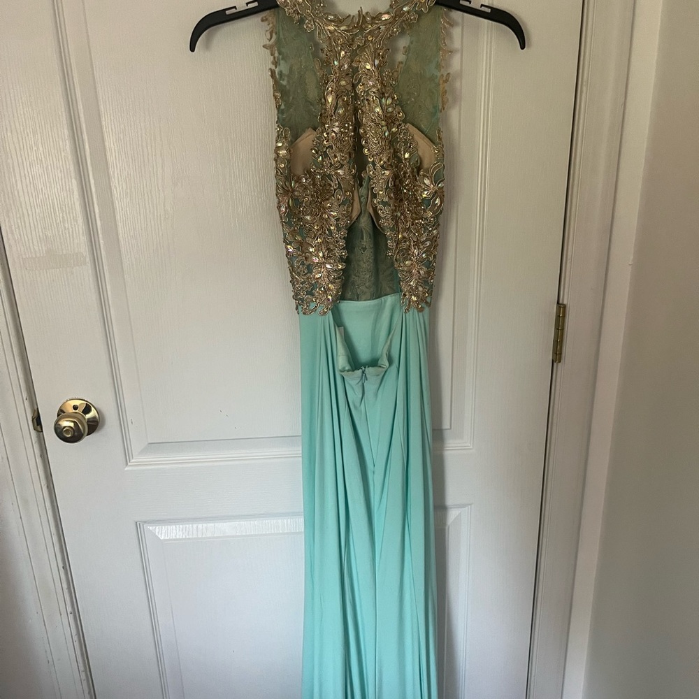 Light blue prom dress with gold sequenced bodice